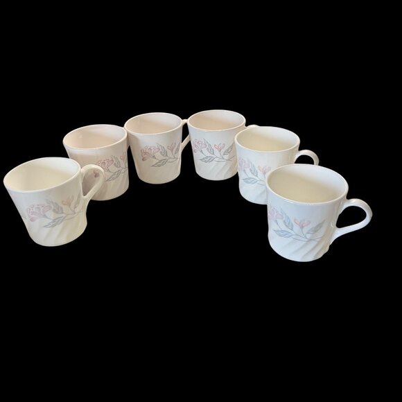 Set Of 6 CorningWare Pink Trio White Mugs With Floral Design Made In USA 10 Oz